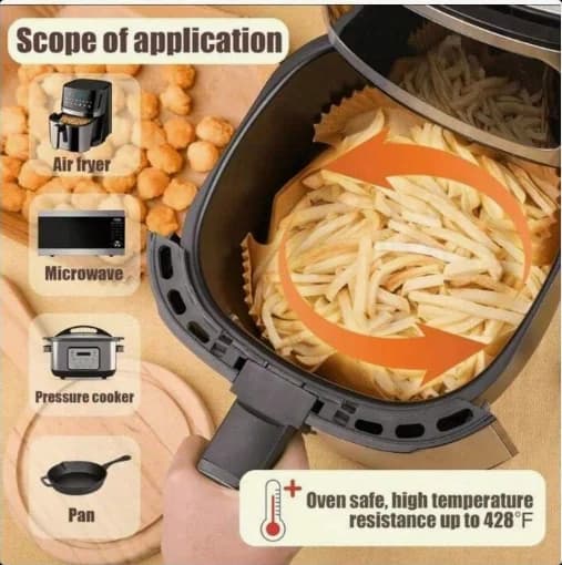 50 unidades de forro de papel para fritadeira a ar, papel antiaderente, compatível com a maioria das fritadeiras a ar, forro de cozinha para fritadeira a ar, papel para fritadeira a ar.