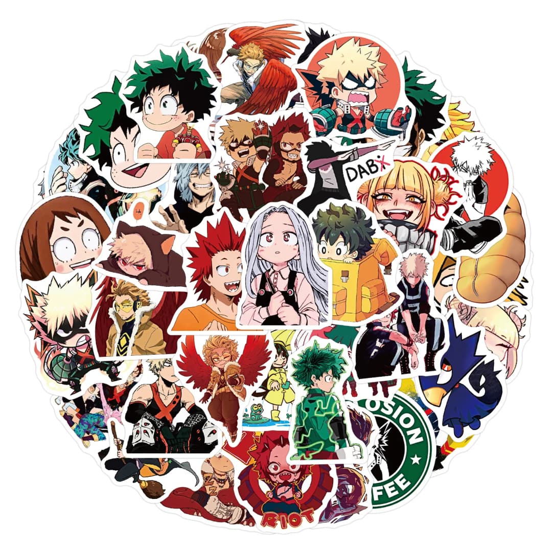 50 peças de adesivos de anime My Hero Academia, decalques de vinil à prova d'água, adesivos de graffiti DIY para skate, laptop, bagagem, telefone, geladeira, caderno, decoração para crianças e adultos, presente