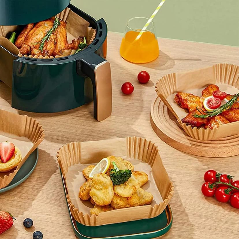 50/100/200 Peças Forros de Papel Quadrados para Fritadeira de Ar, com Borda Elevada, Antiaderentes, Descartáveis, Impermeáveis e à Prova de Óleo, Acessórios de Cozinha para Cesto de Forno