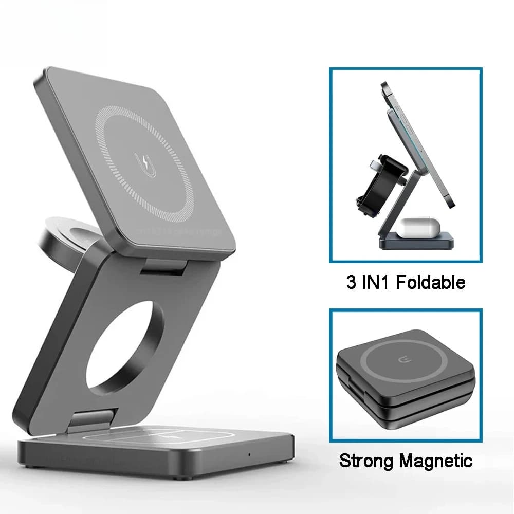 Carregador sem fio magnético dobrável 3 em 1 para iPhone 12-15 Pro Max e iWatch 8 9