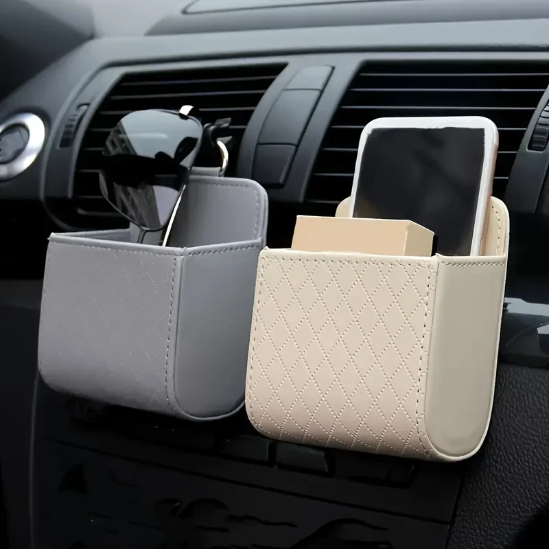 Organizador Universal para Saída de Ar do Carro, Bolsa de Couro PU com Bolso para Smartphone, Óculos de Sol e Chaves, Caixa de Armazenamento Portátil para Interior de Carro