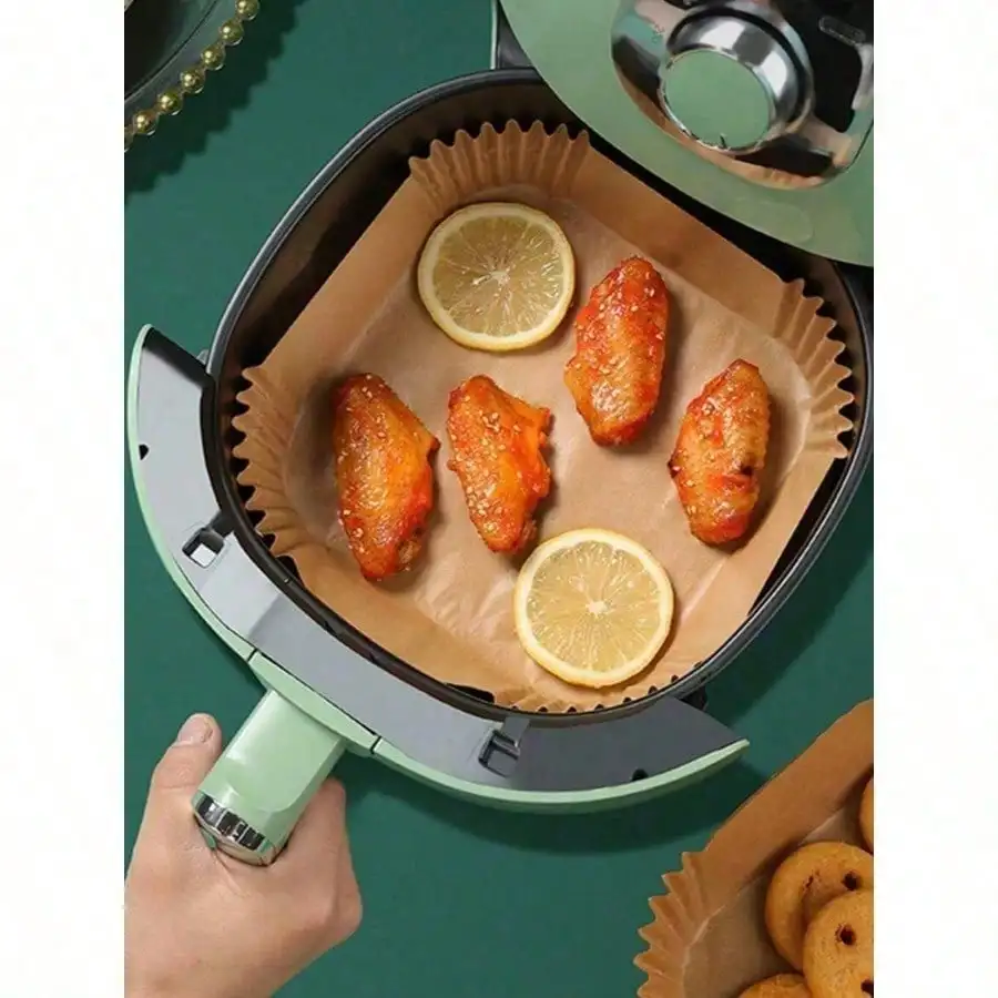 100 unidades de papel manteiga descartável quadrado e redondo para fritadeira, papel antiaderente para assar, cozinhar, churrasco e atividades ao ar livre