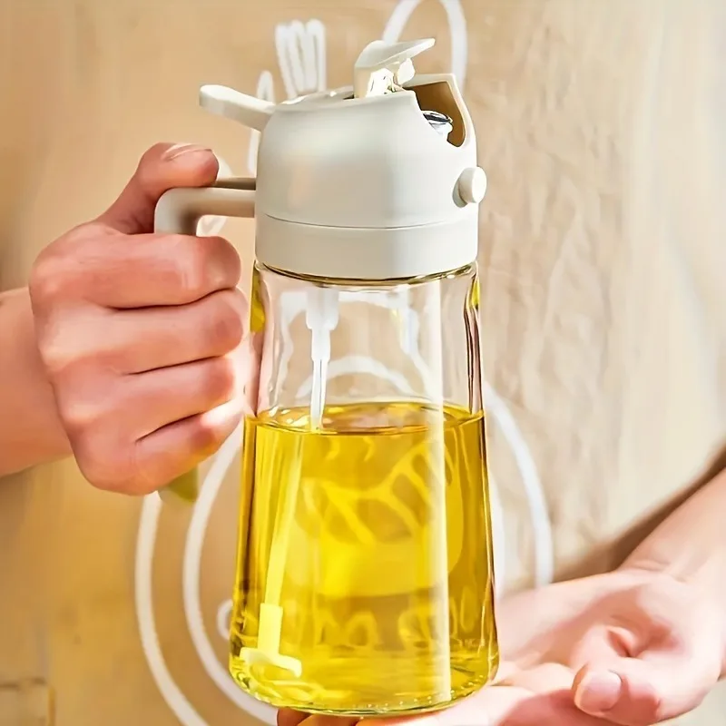 Dispensador de Óleo em Vidro 2 em 1 com Bico Dosador e Pulverizador, Garrafa de Óleo de Uso Duplo, Design Antivazamento, Recipiente para Óleo de Cozinha para Fritadeira a Ar, Churrasco, Salada, Assar e Cozinhar