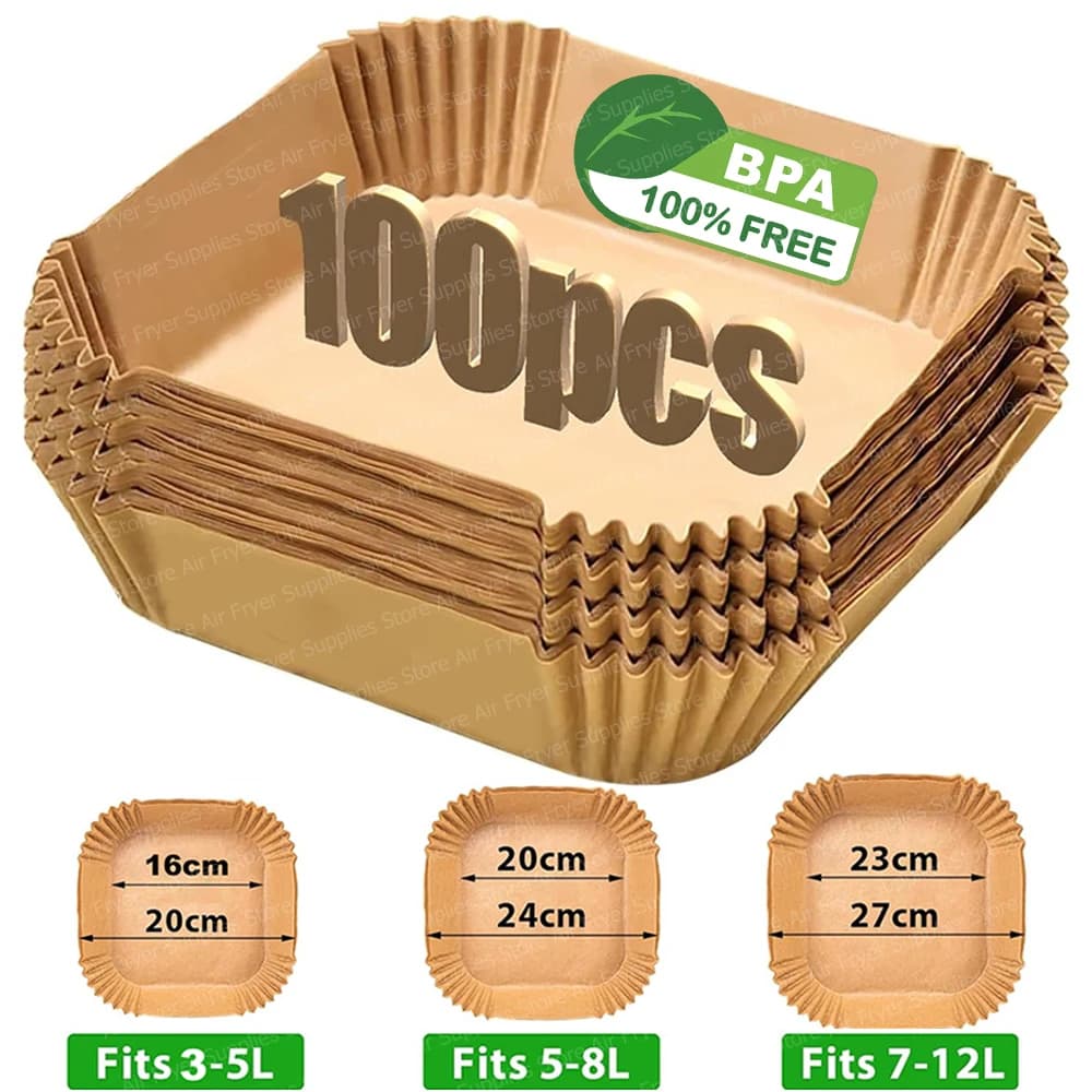 Papel para Fritadeira a Ar Quadrado, Forros de Papel Parchment para Fritadeiras Ninja/Cosori/Instant Pot de 3-12L, Acessórios de Cozinha