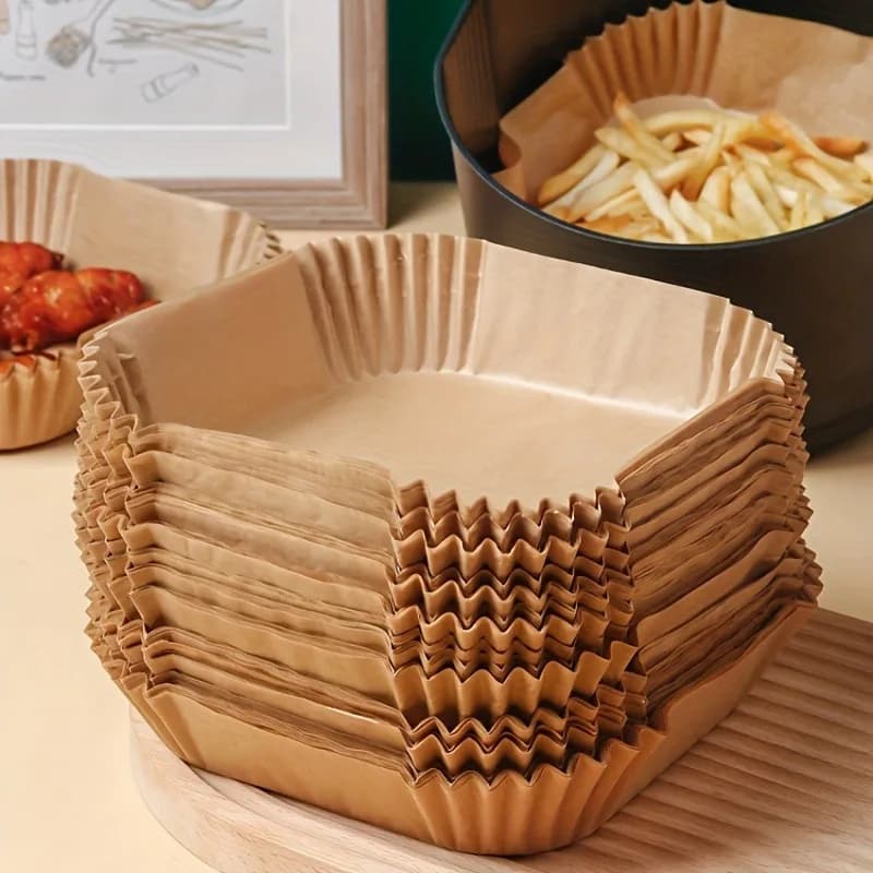 50 unidades de Forros de Papel Quadrados Descartáveis para Air Fryer, Antiaderentes, à Prova de Óleo, de Grau Alimentício, Resistentes ao Calor, para Assar, Cozinhar e Fritar